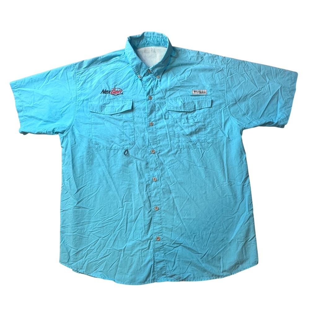 Columbia Fishing Shirt Mens L Blue PFG Bahama Short Sleeve Omni-Shade NexGen